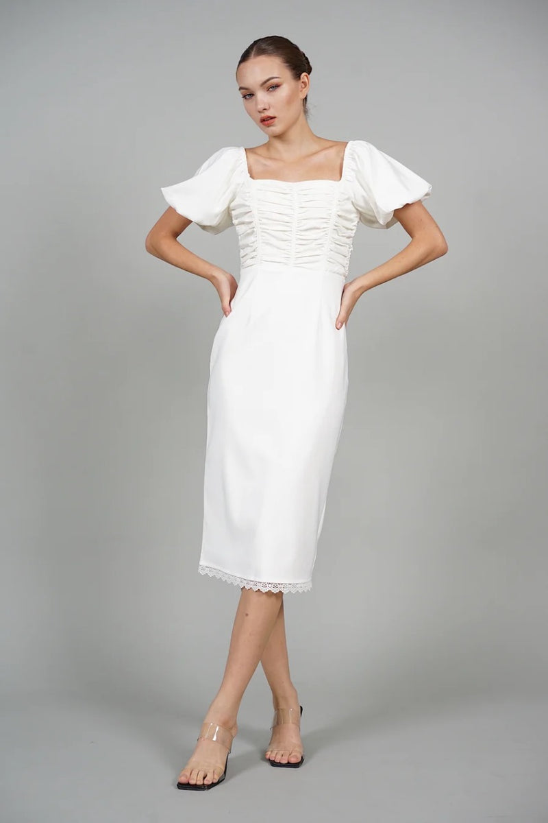 Johanna Ruched Waist Chiffon Dress in White