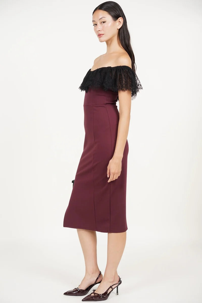 mds off shoulder dress Off-Shoulder Dress in Burgundy Black Lace