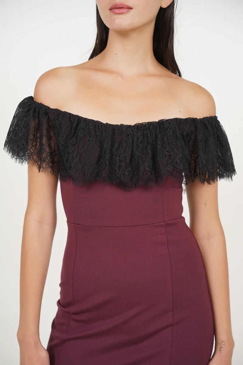 mds off shoulder dress Off-Shoulder Dress in Burgundy Black Lace